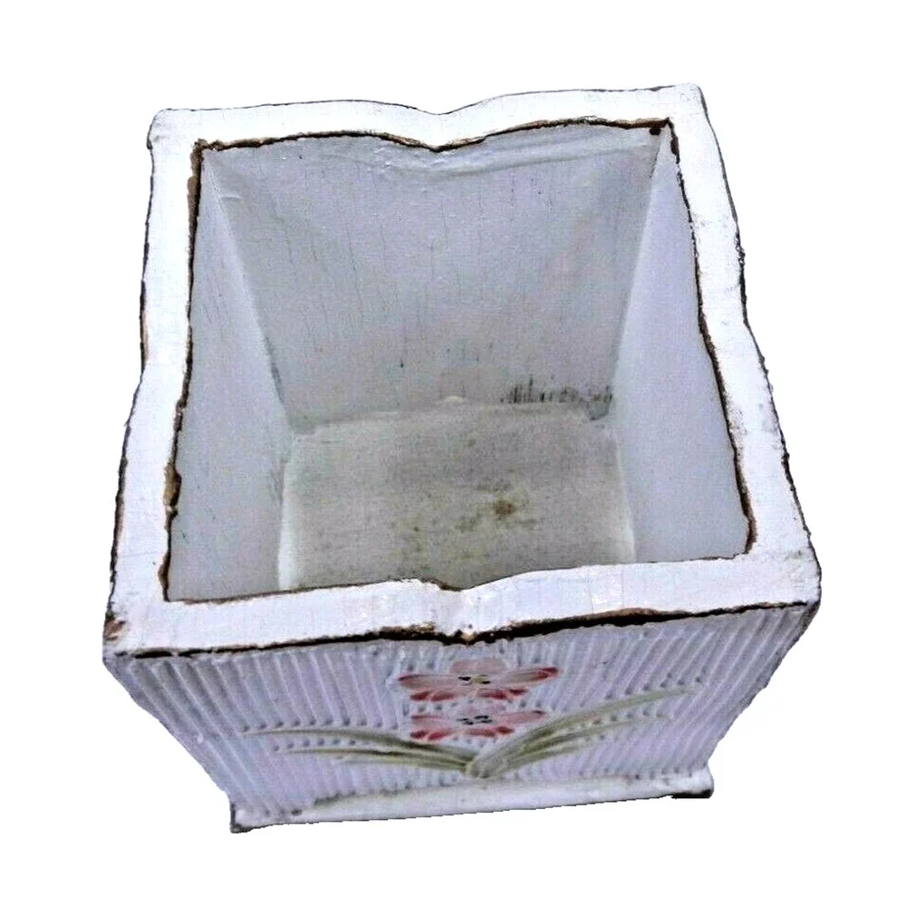 Vintage Square Wooden Hand Painted Storage Box Desk Organizer Ribbed Floral